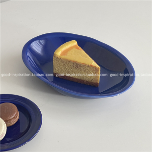 French Scarlet Blue Oval Plate Small Round Plate INS Han Feng Deep Sea Blue Hand Kneading Fish Plate Deep Plate Ceramic Plate Dish