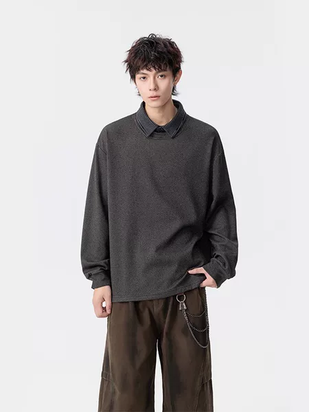 Men's faux two-piece turn-down collar loose sweatshirt, spring and autumn long-sleeve casual sports solid color jacket, trendy and stylish