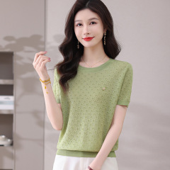 2025 夏ジャカードセータートップマルベリーシルクラウンドネック半袖 Tシャツ女性の薄いショートプルオーバーシャ​​ツ