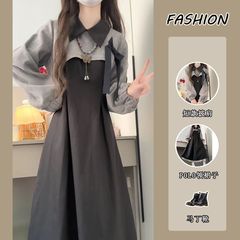 2025年秋季新款韩系穿搭套装女设计感罩衫卫衣黑色连衣裙两件套潮