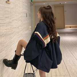 外套女秋季韩版新款小众设计感针织条纹宽松中长款棒球服学生上衣