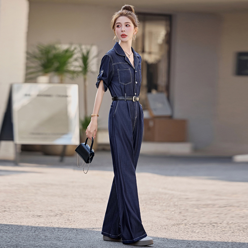 Women's Denim Jumpsuit 2025 New Style Summer Line Design Short Sleeve Straight Leg Jumpsuit Wide Leg Pants YQ3332