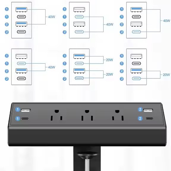American Standard Desktop Clip Socket con protector contra sobretensiones PD Fast Charge 4USB para escritorio en casa