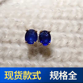 跨境天然蓝宝石耳钉S925纯银镶嵌主石4*5mm饰品日常百搭耳饰工厂