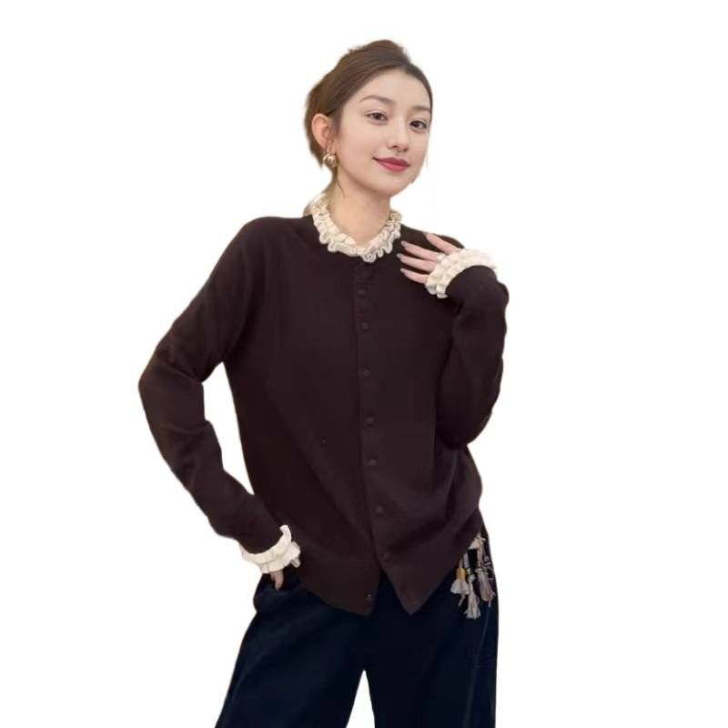 韩系慵懒风长袖针织开衫女2025秋季新款设计感木耳边拼接修身上衣|undefined