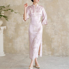 卿淑斋2025夏季新款真丝提花连衣裙气质新中式国风桑蚕丝紫色旗袍