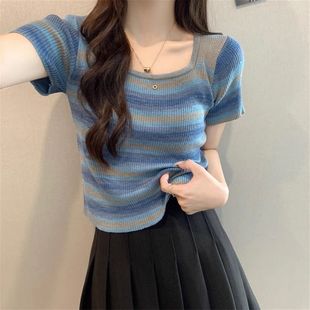 Striped Design Square Neck Short-Sleeved Knitwear for Women Thin Summer 2025 New Style Right Shoulder Slimming Look Short Top