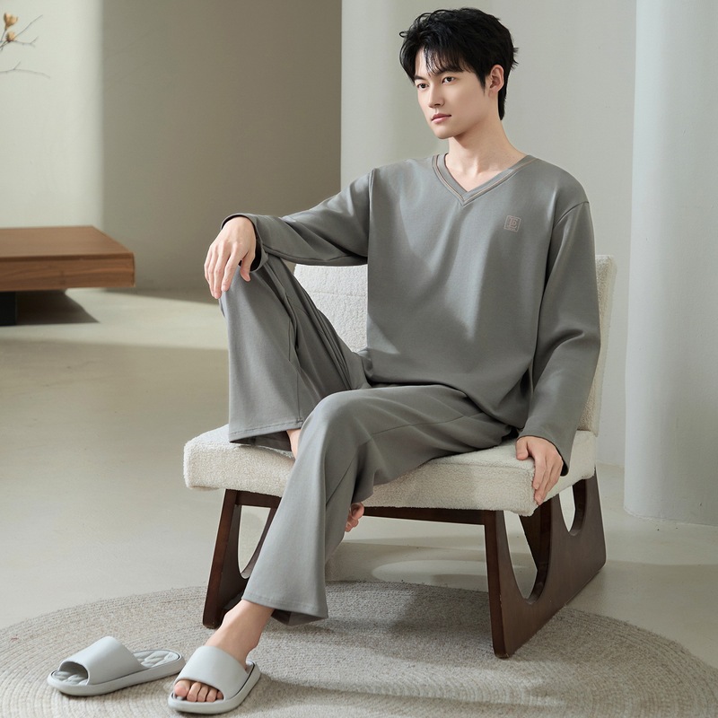 High-End Comfortable Cotton Pajamas for Men, Pure Cotton, Large Size, Autumn and Winter Long-Sleeved New Style, Men's Round Neck Spring and Autumn Home Wear
