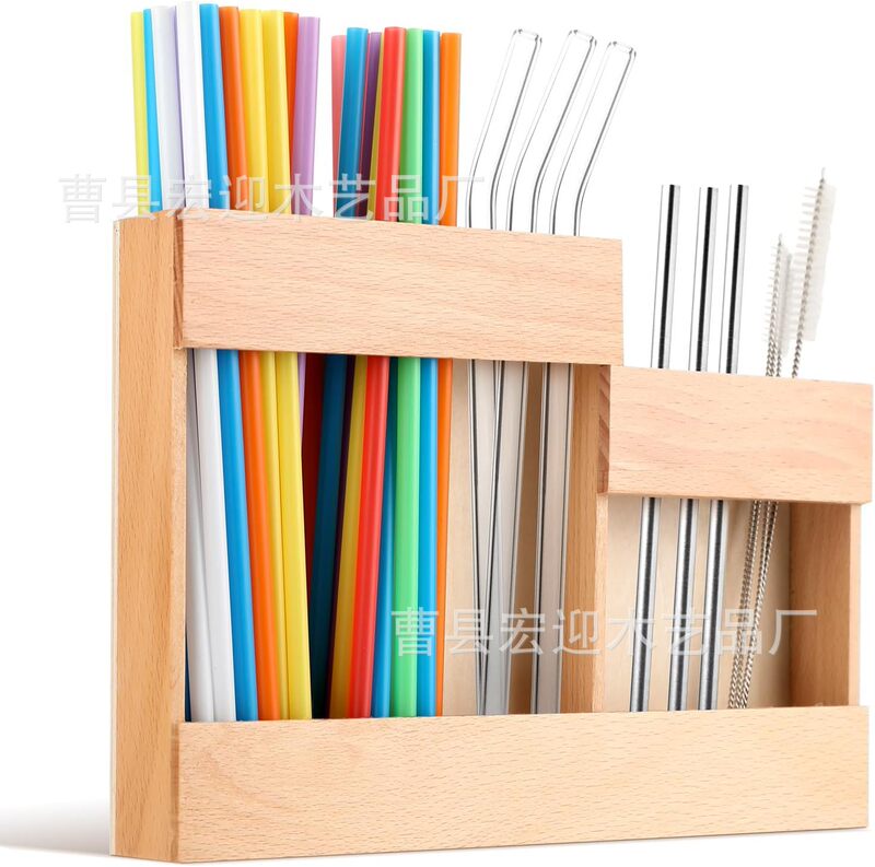 Wooden Straw Storage Kitchen Counter Double-Sided Tape Organizer Multi-Grid Wall-Mounted Storage Rack Wholesale