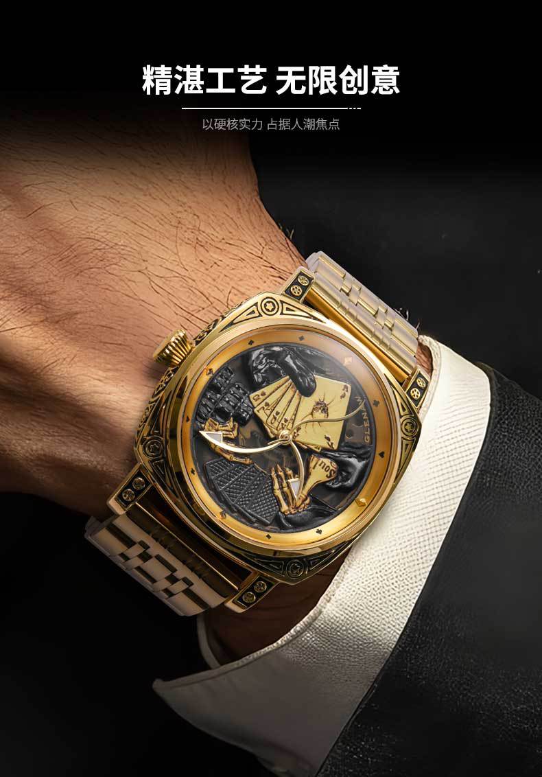 Đồng hồ cơ nam automatic lộ máy tourbillon hai mặt khắc nổi phát quang dây da bò — Vàng vừa mang, Dải thép đen bạc, Vỏ bọc vàng, Da đen bạc chi tiết 8