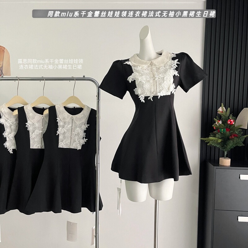 『Xinxing』Miu Series Lace Doll Collar Black Dress for Women, French Style Sleeveless Fashionable Versatile Short Dress