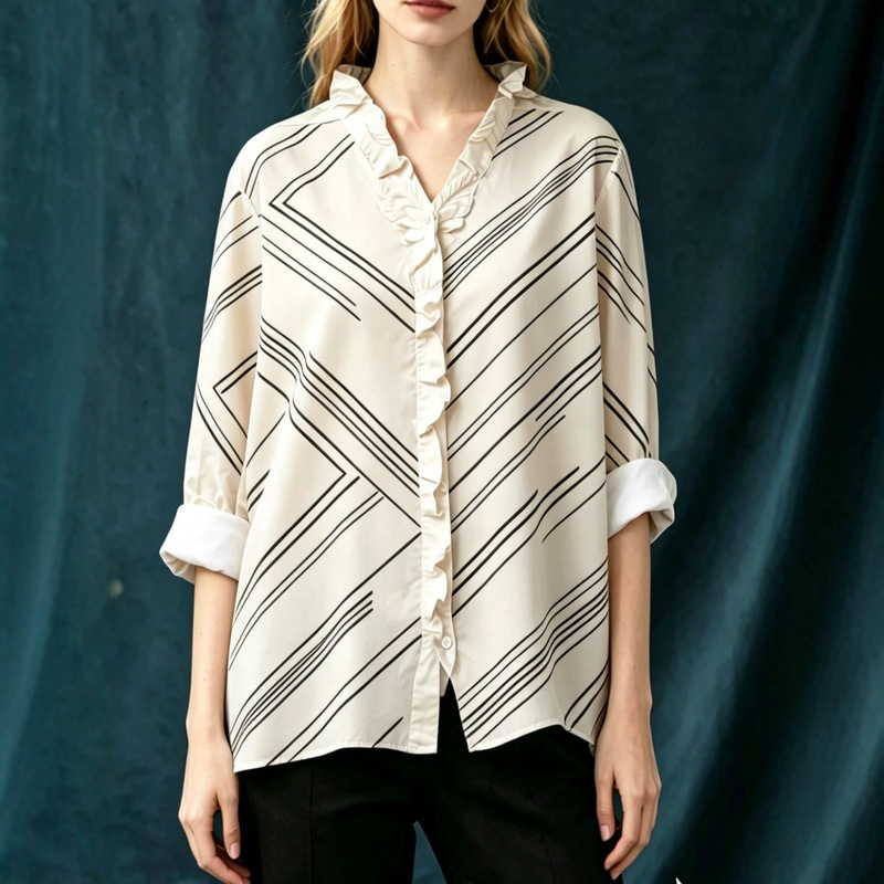 Loose Drapey Straight-Cut Long-Sleeve Shirt with Ruffled Edges, V-Neck, Slimming and Flattering for Work, Daisy Print Top