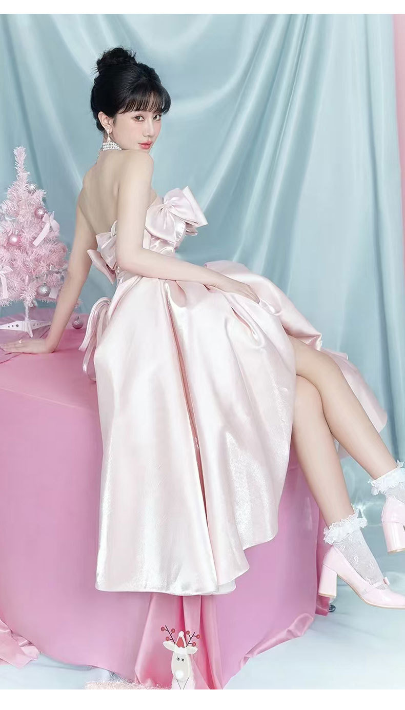 Đầm dạ hội maxi satin thắt eo kiểu Pháp — Màu hồng chi tiết 10
