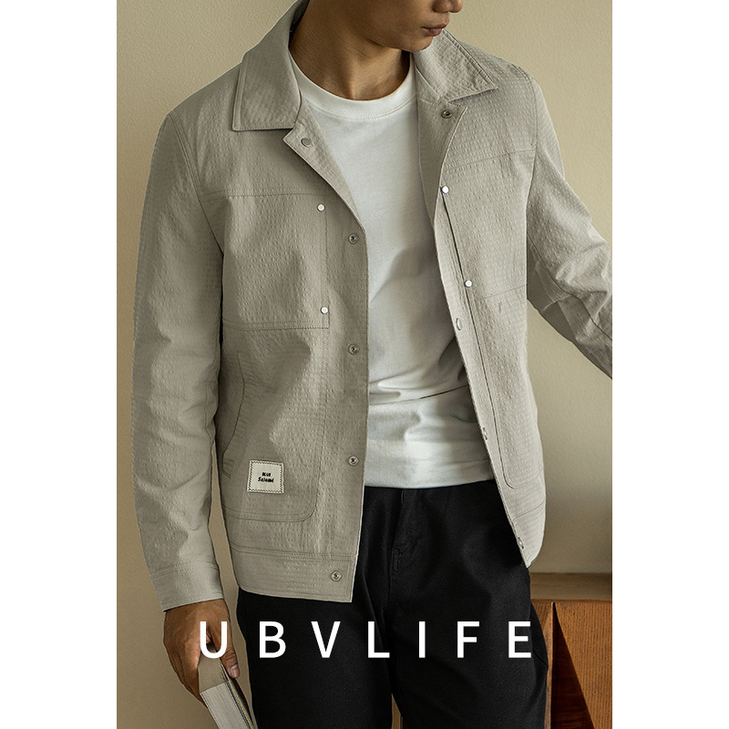 Retro Textured Seersucker Lapel Concealed Button Long-Sleeved Jacket Men's 2025 Spring New Versatile Jacket