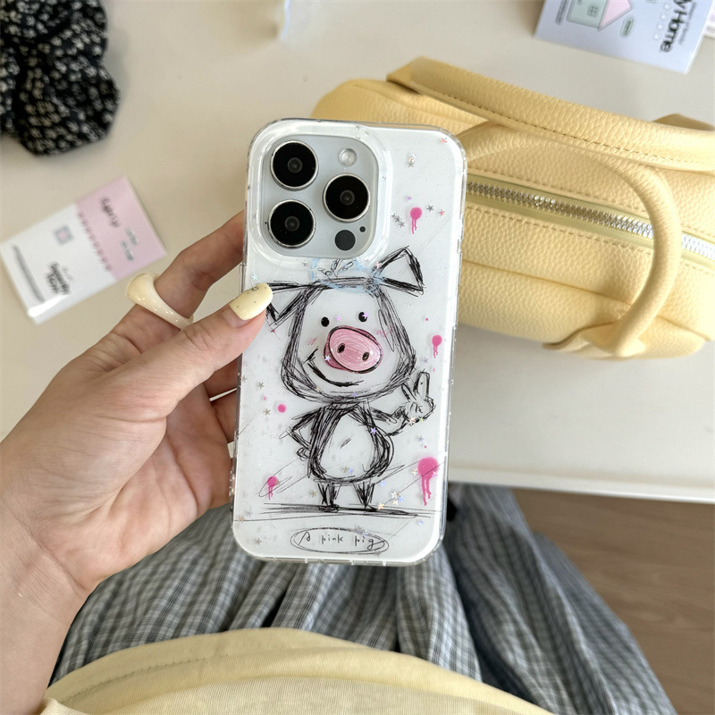 Lindo cerdo garabateado para iPhone15 Apple 16ProMax funda para teléfono móvil 14 nariz giratoria 13 mujer