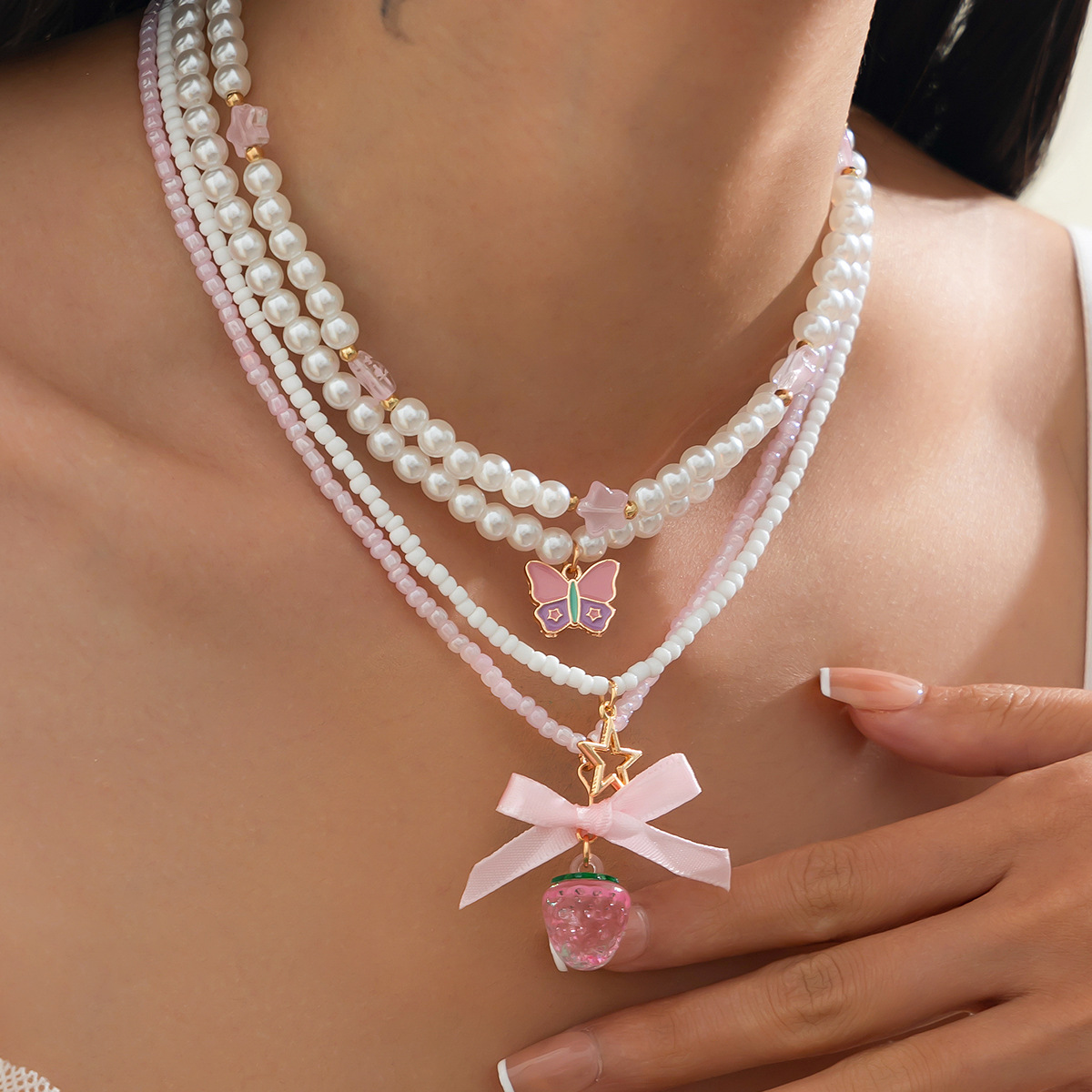 Bow Knot Cute Acrylic Imitation Pearl Alloy Necklace Wholesale display picture 4