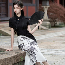 复古水墨画新中式国风改良旗袍连衣裙夏季假两件绝美气质中长裙子