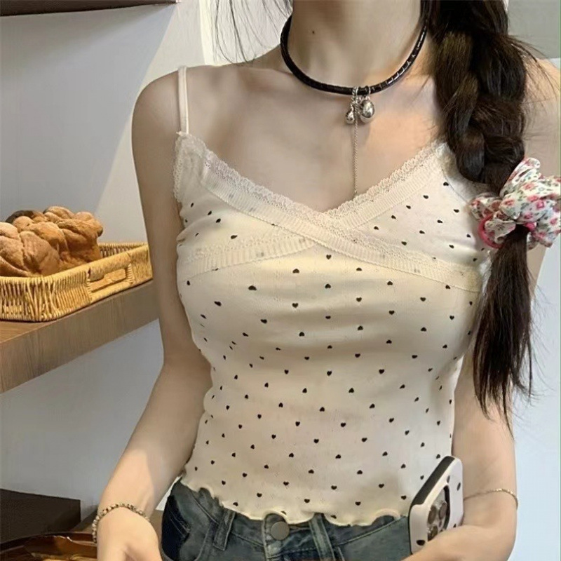 Pure Lust Style Lace Floral Camisole Women's Summer Slimming Thin Beautiful Back Bottoming Top with Breast Pads