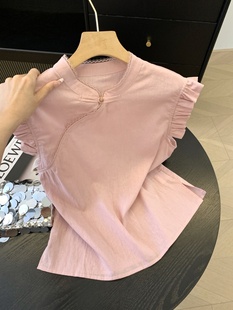 New Chinese Style Stand-Up Collar Lace Button Sleeveless Vest Shirt for Women Summer Design Small Flying Sleeve Top Versatile