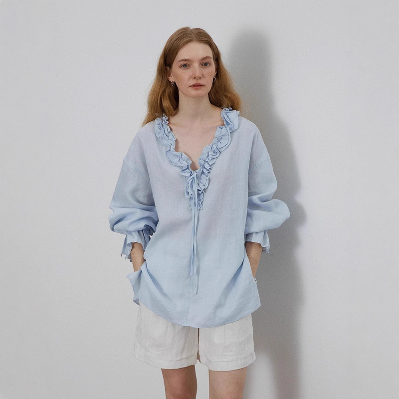 2026 Spring French Style V-Neck Tie Shirt for Women, Summer Casual Style Handmade Ruffle Long Sleeve Blouse C0750