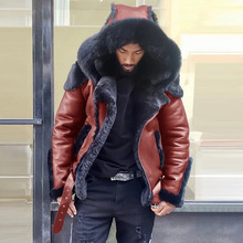 跨境亚马逊男装热卖复古英伦风pu皮毛一体皮衣男棉衣宽松连帽外套