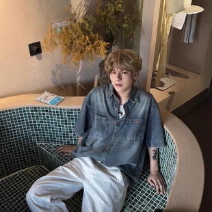 American Style Trendy Brand Niche Vintage Washing Water Denim Short-sleeved Shirt Men's Summer New Japanese Style Loose Casual Top Trendy