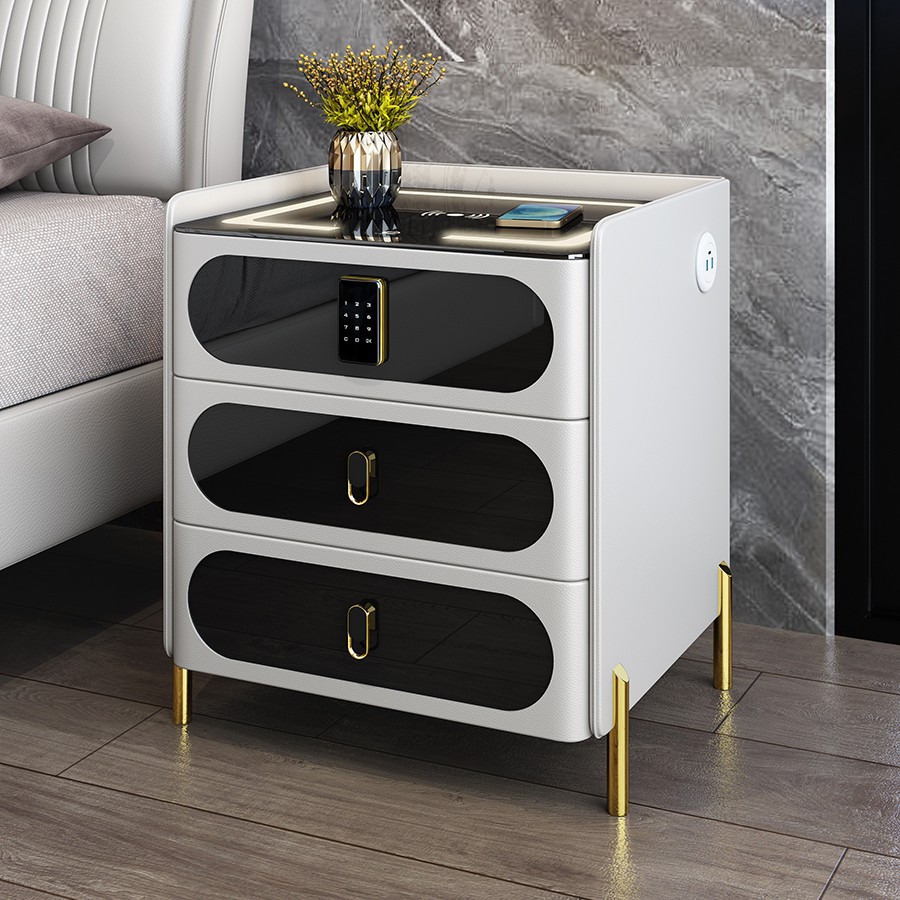 Fashionable Solid Wood Smart Bedside Table with Leather Art, Light Luxury, Simple Storage Cabinet for Bedroom with Lock and Wireless Charging