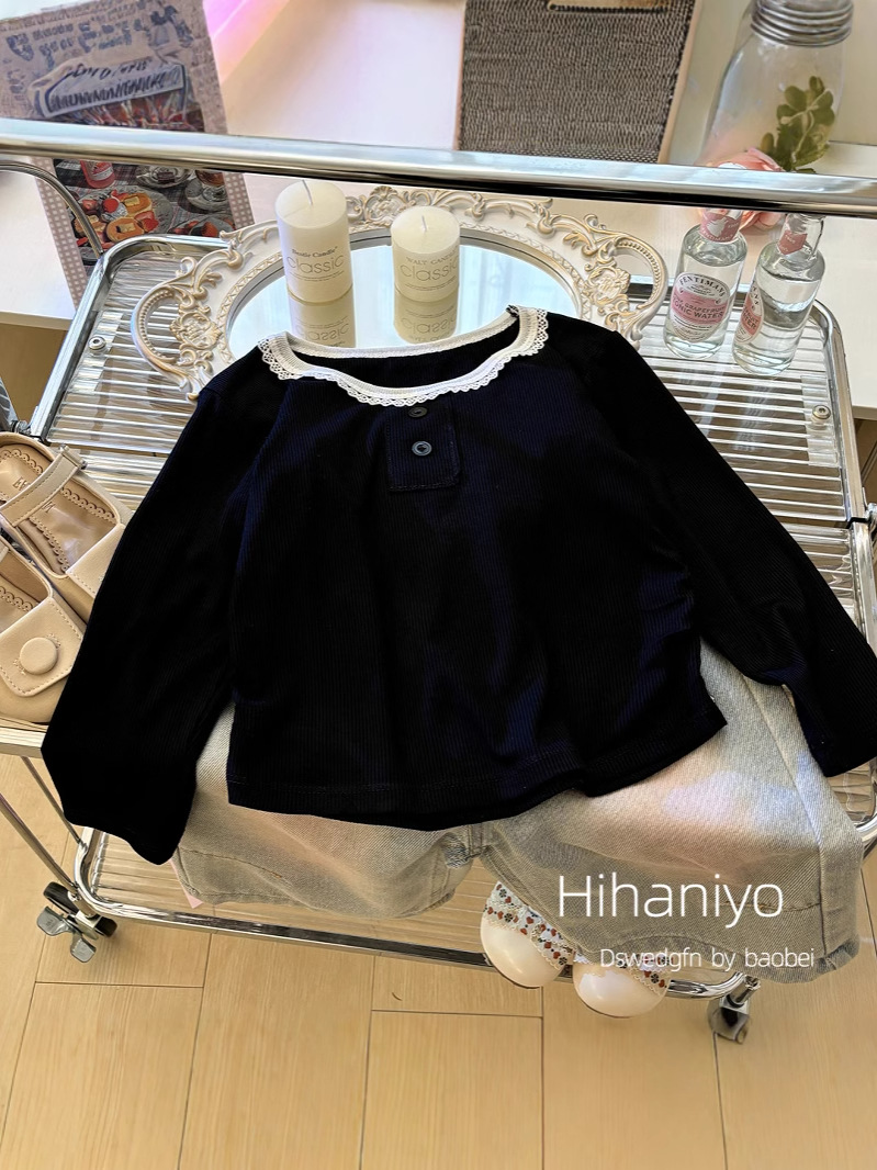 Ropa de abrigo para niñas, cuello redondo, encaje, manga larga, camisa interior elástica de rayón, camisa básica para mujer, top de primavera y otoño, informal y moderno, para primavera y otoño