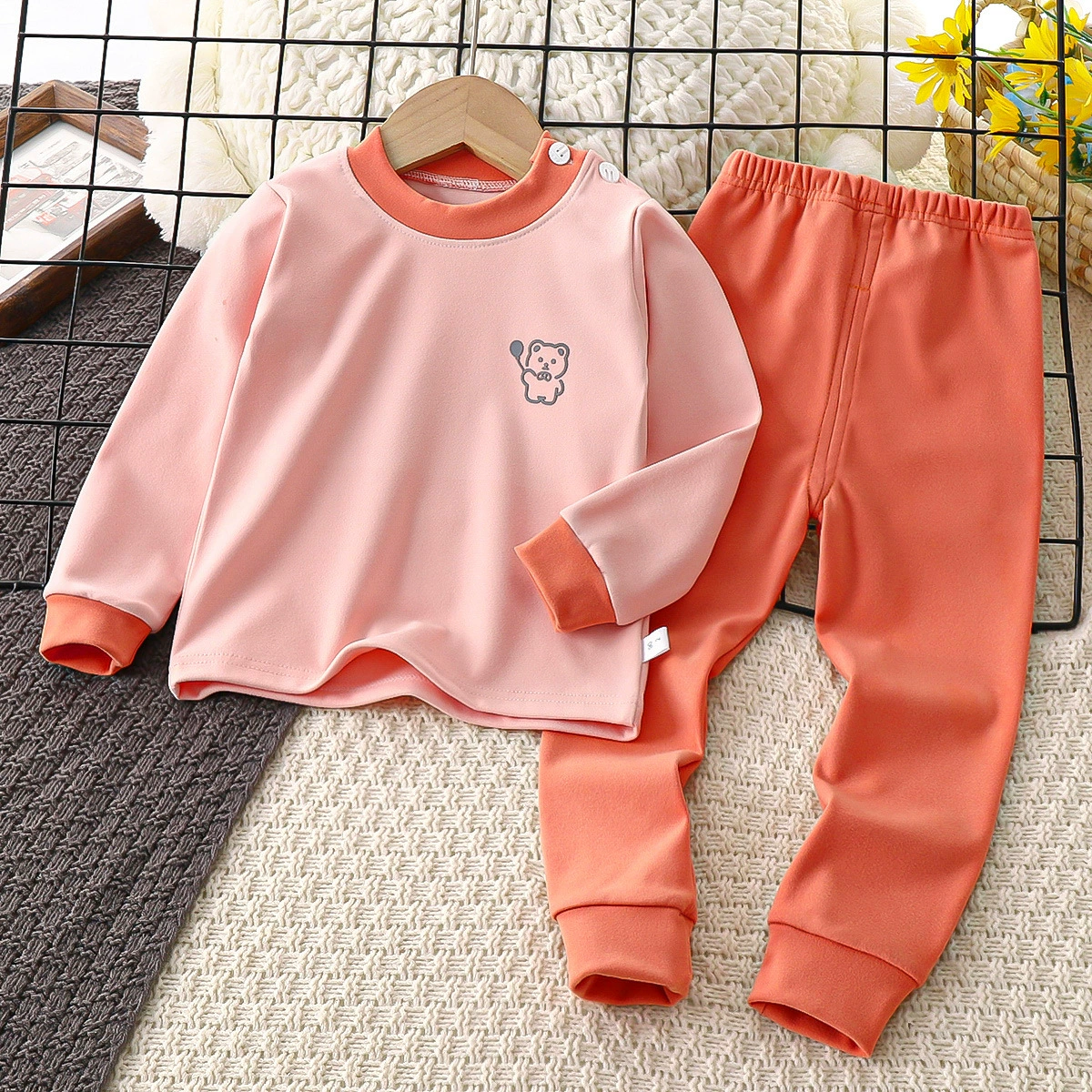 Children's demi-season thermal underwear, keep warm trousers for men and women, colored set, round collar, increased thickness