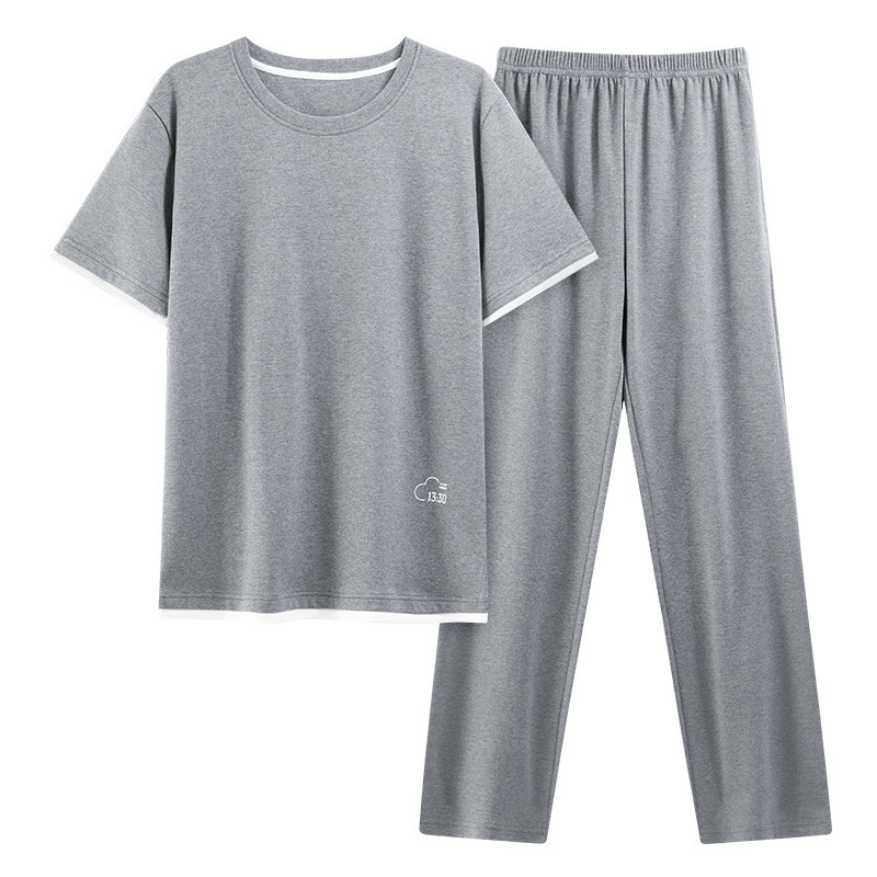2025新型パジャマ男性夏純綿半袖長ズボンの薄いタイプのカジュアルな家庭服綿セット|undefined
