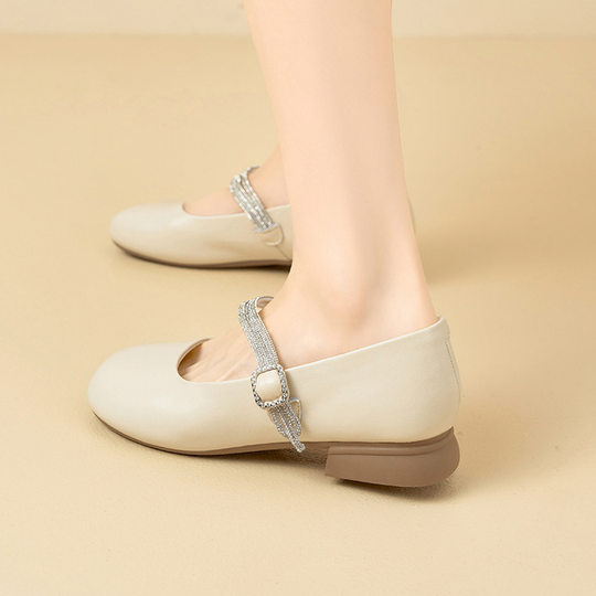 Sheepskin Shallow Mouth Single-layer Shoes Women's 2024 New Summer Fairy Mary Jane Shoes with Rhinestone Soft Sole Genuine Leather Shoes