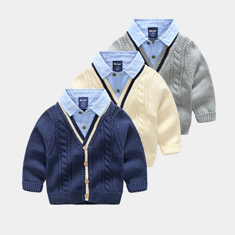 Boys' Knitwear Pullover Fake Two-Piece Autumn and Winter Style Kidsren's Cotton Knitwear Korean Style Shirt Collar Kidsren's Knitwear