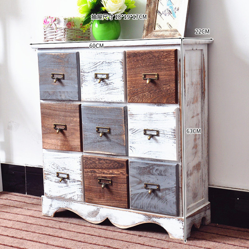 Mesita de noche americana, armario de almacenamiento creativo pastoral retro, armario de almacenamiento de madera, armario de almacenamiento de estilo étnico pintado