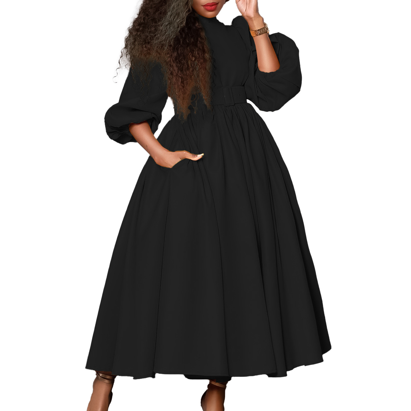 Women's Princess Dress Swing Dress Elegant Turtleneck Belt 3/4 Length Sleeve Solid Color Midi Dress Holiday Daily display picture 8