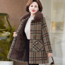 中年妈妈洋气毛呢大衣冬装加绒加厚新款中老年人女秋冬季格子外套