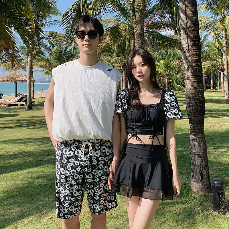 새로운 커플 수영복 패션 슬림핏 슬림핏 오픈 밸리 스플릿 투피스 여성 수영복 남성용 비치 팬츠