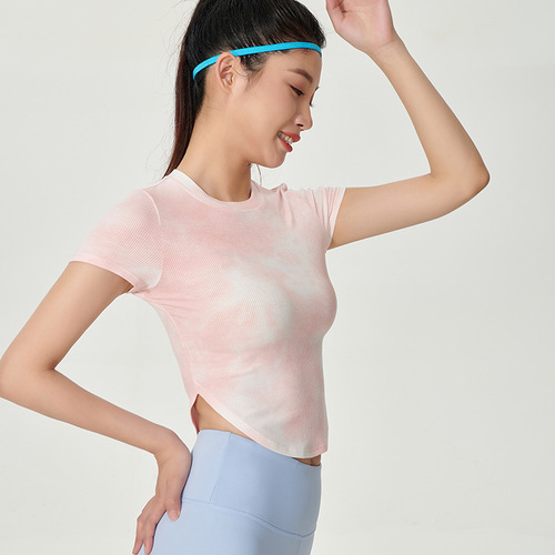 Korean-style fresh and light ribbed tie-dye turtleneck yoga attire with high elasticity, slimming, revealing waist, skin-friendly, quick-drying sport short sleeve top