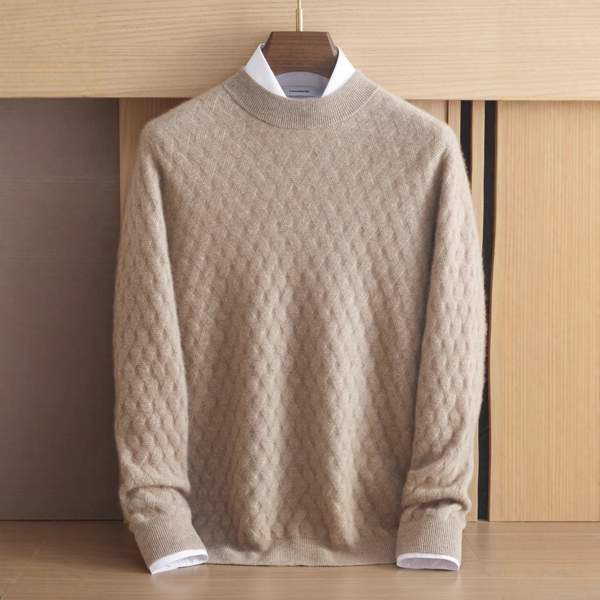 New 100% pure cashmere men's winter thickened jacquard woven semi-high collar knitted base layer pullover sweater
