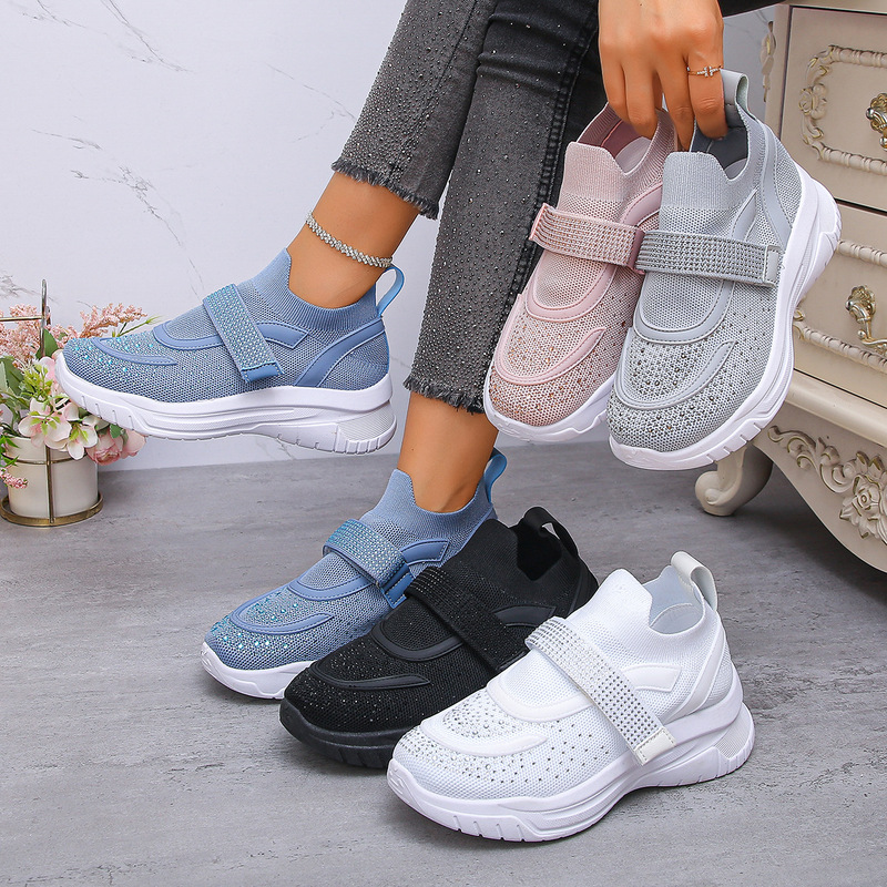 Cross-Border Thick-Soled Fly-Knit Large-Size Sports Shoes 2025 Autum New Breathable Rhinestone Velcro Casual Running Shoes for Women Cross-Border Thick-Soled Fly-Knit Large-Size Sports Shoes 2025 Autum New Breathable Rhinestone Velcro Casual Running Shoes for Women