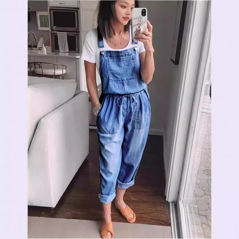 in stock wish AliExpress women Denim jumpsuit loose fashion elastic mid waist jumpsuit women's pants
