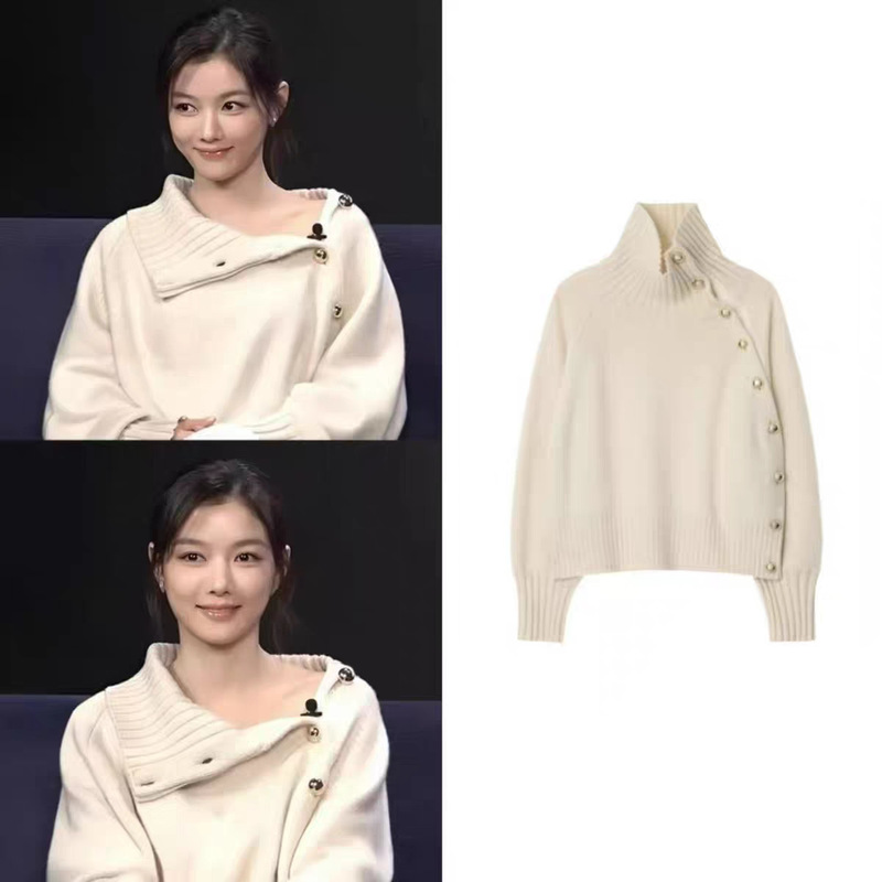 Fanzun·Xh Korean Style Kim Yoo-Jin Same Style Gold Buckle Turtleneck Sweater Dongdaemun Autumn New Knitwear Top for Women Fanzun·Xh Korean Style Kim Yoo-Jin Same Style Gold Buckle Turtleneck Sweater Dongdaemun Autumn New Knitwear Top for Women