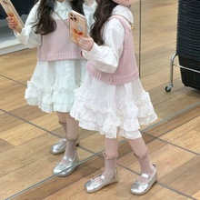 韩版套装童装2024春季新款女童粉色针织马甲背心女宝宝衬衫公主裙