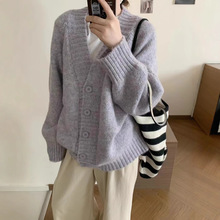 韩系温柔风紫色V领毛衣开衫女秋冬新款宽松慵懒风减龄针织衫外套