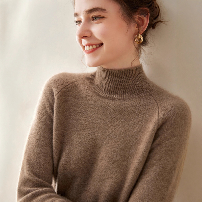Thickened Half-Turtleneck 100% Pure Cashmere Sweater for Women, Skin-Friendly Pullover with Raglan Sleeves, Loose-Fitting Base Layer