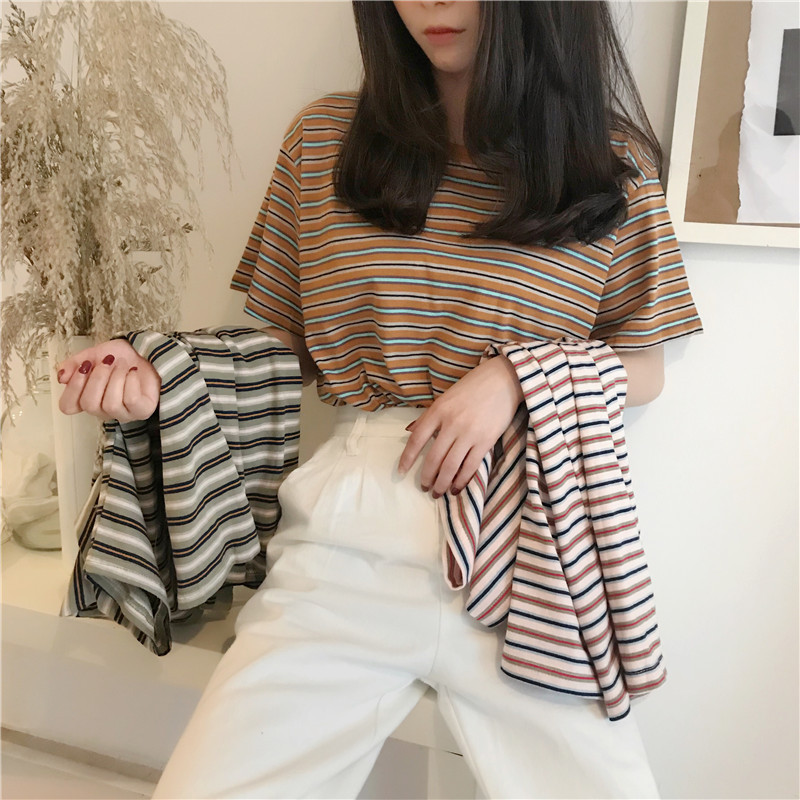 T-shirt estiva a maniche corte a righe da donna, nuova camicia base in versione coreana, top, abbigliamento da donna oversize_voghion.com