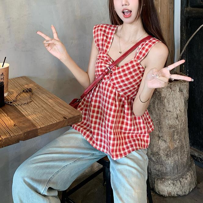 2025复古韩版撞色格子抹胸针织衫短袖夏季不规则高腰褶皱修身显瘦