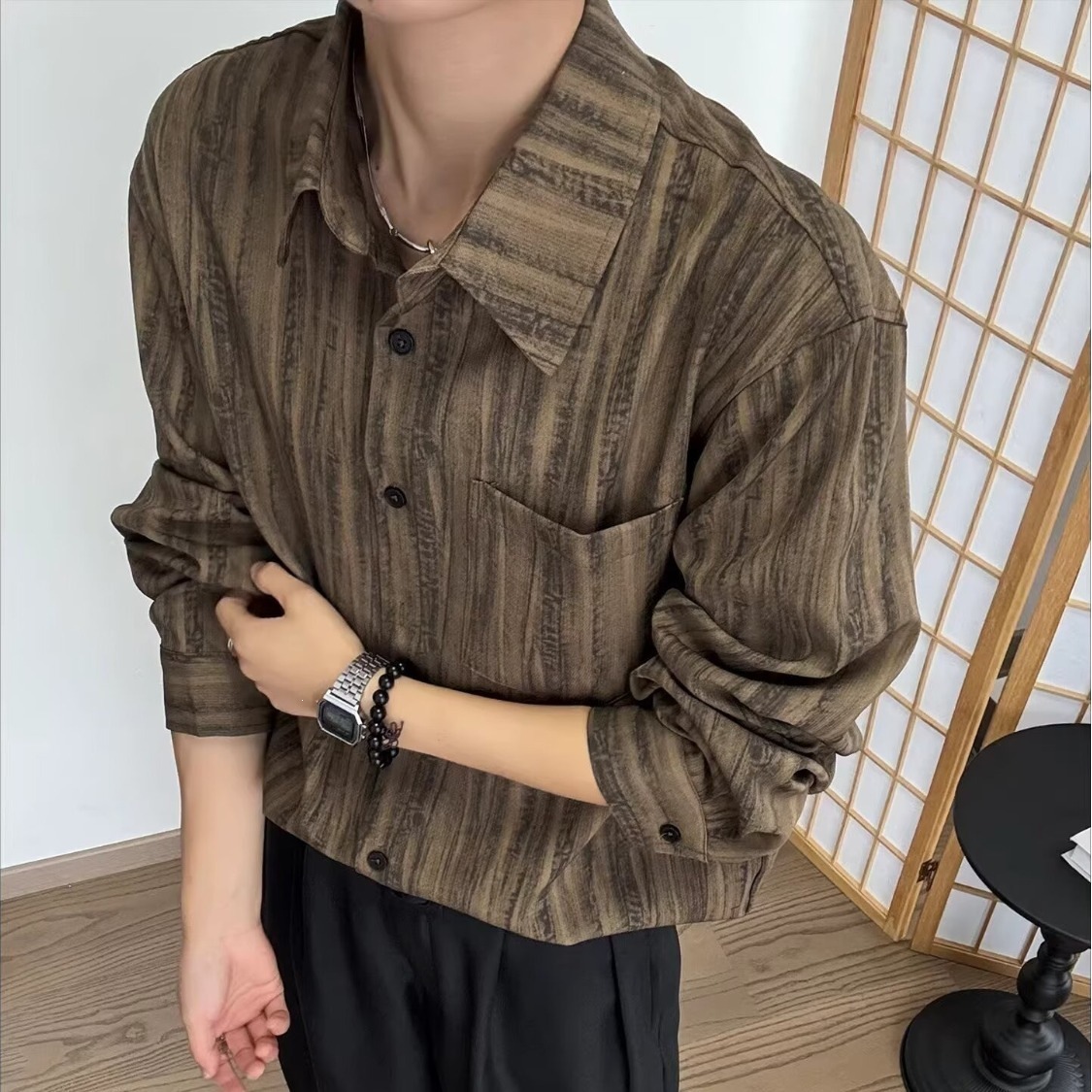 美式复古扎染长袖衬衫男生2026春秋宽松休闲衬衣开衫外套一件代发