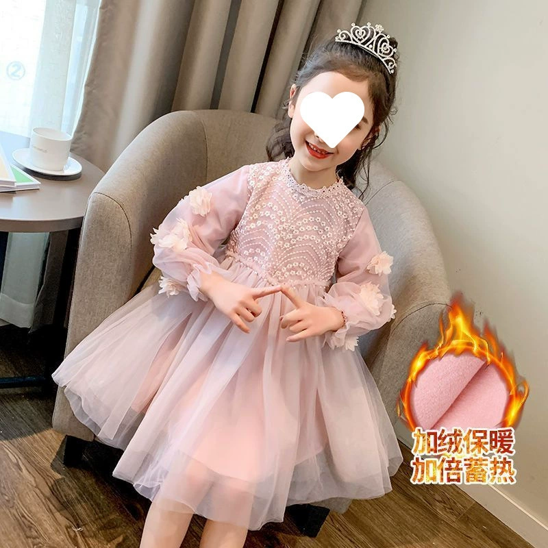 Платье для девочек, весна и осень 2025, новое сетчатое платье принцессы на день рождения, платье с цветочным узором для девочек, весеннее пышное марлевое платье