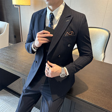 双排扣正装商务休闲男士西装条纹修身新郎伴郎轻西服秋季修身款