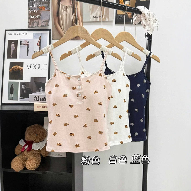 Bear print U-neck camisole with chest pads for women, new summer slim-fit backless outerwear top